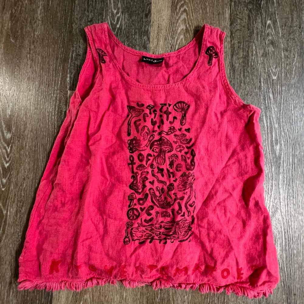 Liz & Jane Mushroom Graphic Tank Top Womens S Pink Fringe Hem Sleeveless